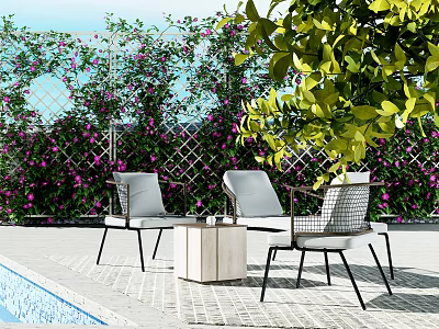 Outdoor Patio Wooden Table With Comfortable Chairs Lush Green Plants And Purple Flowers Near Pool 3d model