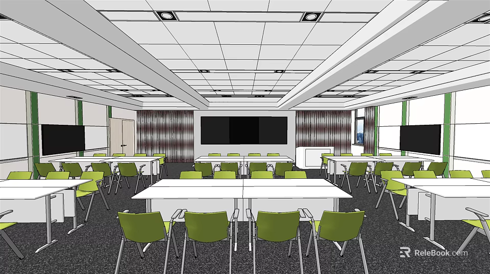 Spacious School Classroom With Green Chairs White Tables Large Screen And Window Curtains 3d model 