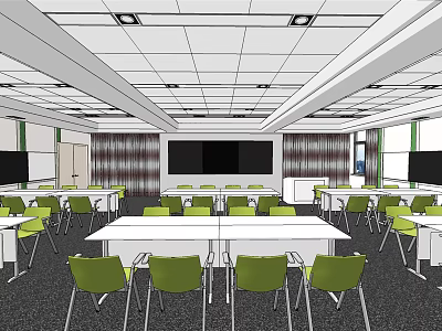 Spacious School Classroom With Green Chairs White Tables Large Screen And Window Curtains 3d model