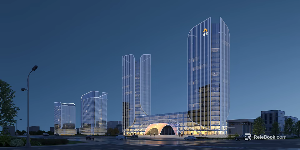 Modern Office Towers With Glass Curtain Walls Illuminated At Night View Multiple High Rise Buildings 3d model 