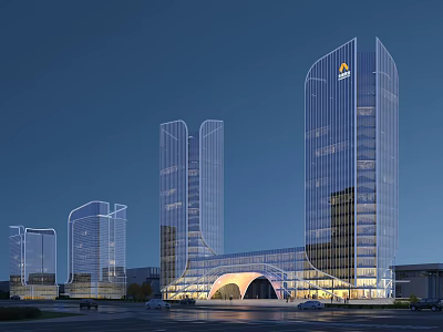 Modern Office Towers With Glass Curtain Walls Illuminated At Night View Multiple High Rise Buildings 3d model