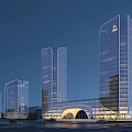 Modern Office Towers With Glass Curtain Walls Illuminated At Night View Multiple High Rise Buildings