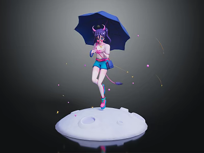 Horned Purple Hair Character Holding Blue Umbrella On White Circular Base With Floating Pink Petals 3d model
