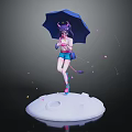 Horned Purple Hair Character Holding Blue Umbrella On White Circular Base With Floating Pink Petals
