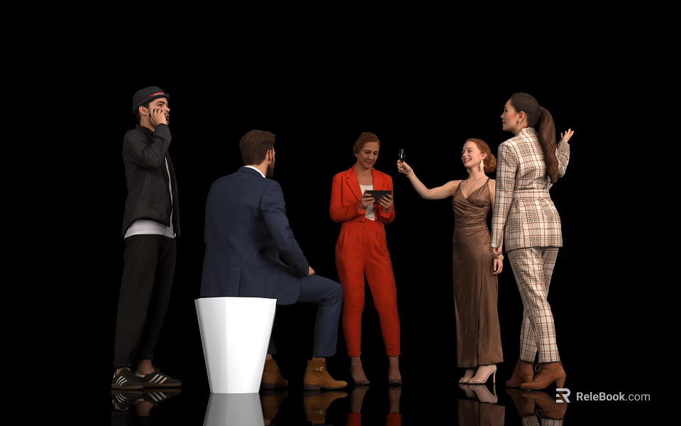 Group of People Socializing in Stylish Outfits With White Stool and Phone Interaction 3d model 