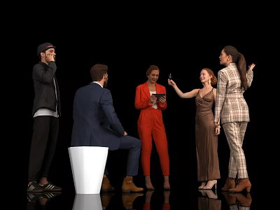 Group of People Socializing in Stylish Outfits With White Stool and Phone Interaction 3d model