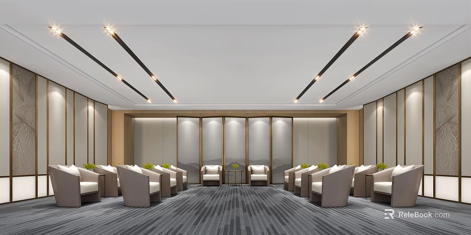 Modern Hotel Public Lounge Area With Comfortable Seating And Ceiling Light Strips 3d model 