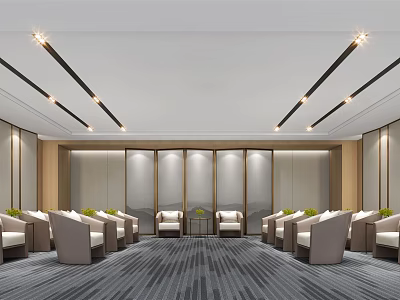 Modern Hotel Public Lounge Area With Comfortable Seating And Ceiling Light Strips 3d model