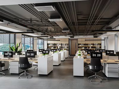 Public Office Space With Multiple Desks Computers Black Chairs Green Plants And Natural Light 3d model