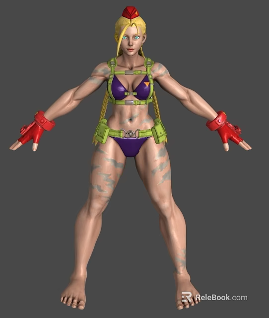 Muscular Female Warrior Character With Purple Bikini Green Harness Red Gloves And Body Tattoos 3d model 