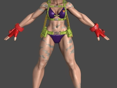Muscular Female Warrior Character With Purple Bikini Green Harness Red Gloves And Body Tattoos 3d model