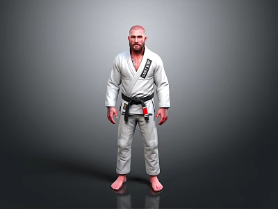 Man in White Judo Uniform with Black Belt Standing Against Gray Background 3d model
