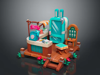 3D Wooden Stall Scene With Blue Backpack Table Stool And Flower Decorations 3d model