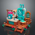 3D Wooden Stall Scene With Blue Backpack Table Stool And Flower Decorations