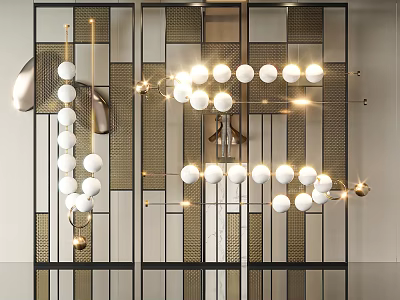 Contemporary White Sphere Chandelier with Glowing Lights and Metal Grid Frame in Modern Interior Space 3d model