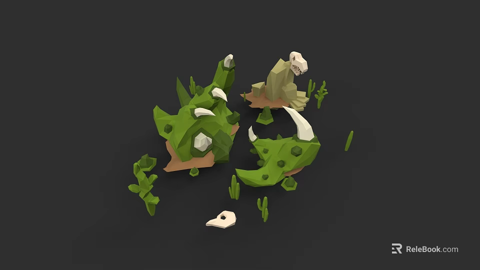 Low Poly Plant Painting With Green Foliage White Stones And Small Plants On Dark Background 3d model 
