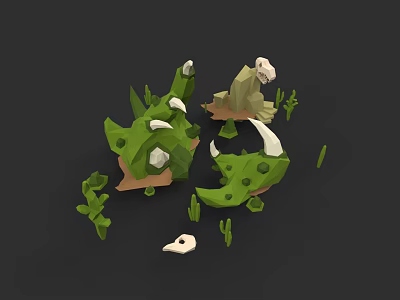 Low Poly Plant Painting With Green Foliage White Stones And Small Plants On Dark Background 3d model