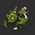Low Poly Plant Painting With Green Foliage White Stones And Small Plants On Dark Background