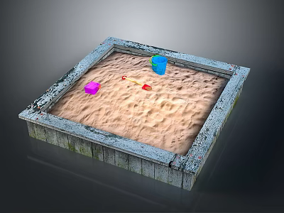 Scenic Sandpit Landscape with Square Frame Pink Block Blue Bucket Red Shovel and Sandy Surface 3d model