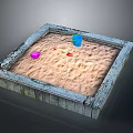 Scenic Sandpit Landscape with Square Frame Pink Block Blue Bucket Red Shovel and Sandy Surface