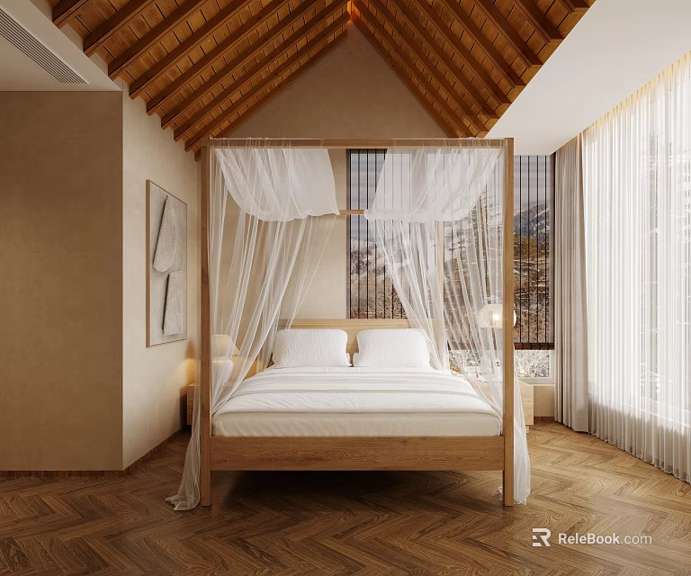 Cozy Hotel Guest Room With Four Poster Bed White Canopy Herringbone Floor And Wooden Roof 3d model 