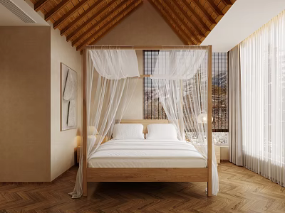 Cozy Hotel Guest Room With Four Poster Bed White Canopy Herringbone Floor And Wooden Roof 3d model