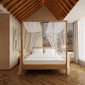 Cozy Hotel Guest Room With Four Poster Bed White Canopy Herringbone Floor And Wooden Roof
