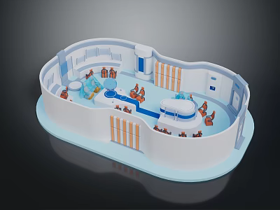 Space Station Interior Featuring White Module Blue Floor Equipment Seats And Orange Details 3d model