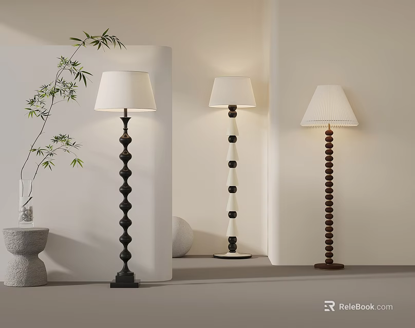 Modern Minimalist Interior With Stylish Floor Lamps Bamboo And Small Stone Table 3d model 