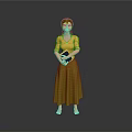 3D Female Character In Yellow Top And Green Long Skirt Holding Book Against Gray Background