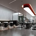 Modern Barbershop Interior With Multiple Barber Chairs Large Windows White Red Decor And Ceiling Lights