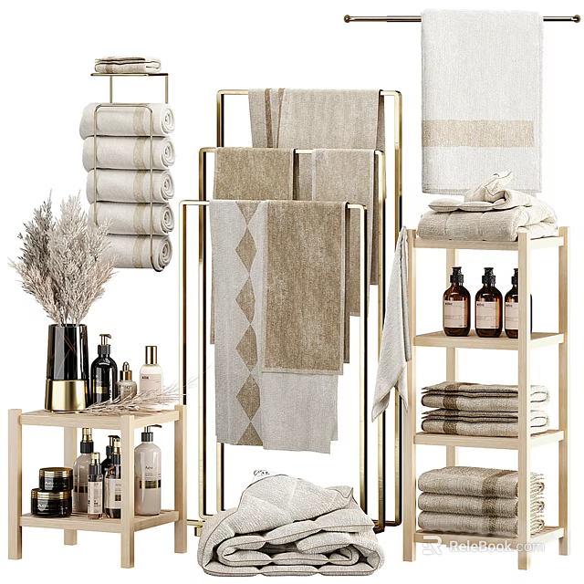 Elegant Bathroom Accessories With Towels Towel Rack Shelves And Toiletries 3d model 
