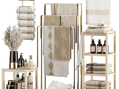 Elegant Bathroom Accessories With Towels Towel Rack Shelves And Toiletries 3d model