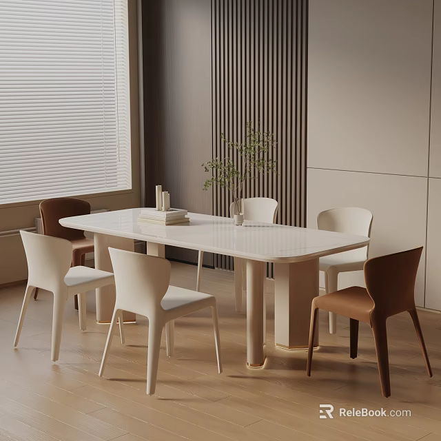 Modern Dining Room White Rectangular Table With White And Brown Chairs And Potted Plant 3d model 