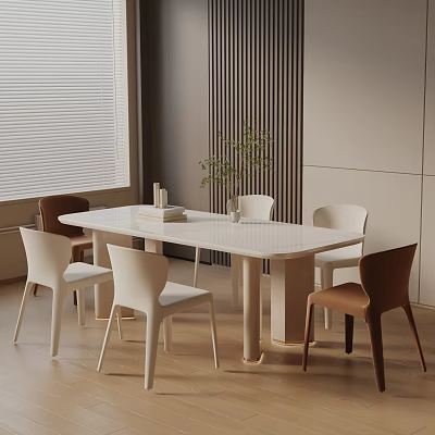 Modern Dining Room White Rectangular Table With White And Brown Chairs And Potted Plant 3d model