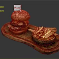 Delicious Krusty Hamburger With Beef Patty And Golden Fries On Wooden Tray