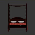 Elegant Four Poster Bed With Dark Wooden Frame Carved Details Red Drapes And White Pillows