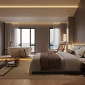 Elegant Hotel Guest Room Interior With Large Bed Freestanding Bathtub And Warm Lighting