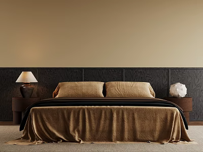 Modern Cozy Double Bed With Soft Velvet Bedding And Wooden Nightstands For Stylish Bedroom Interiors 3d model