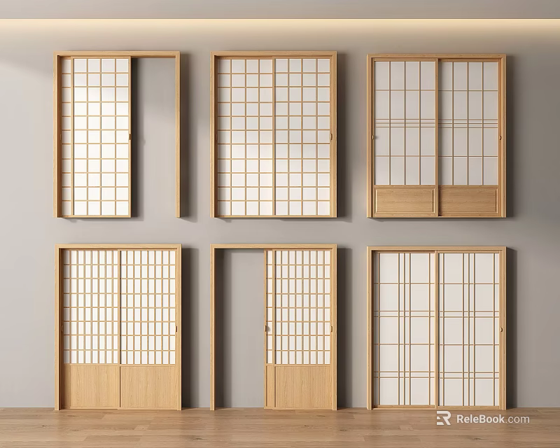 Sliding Doors Featuring Wooden Frames And Lattice Glass Panels Various Interior Designs 3d model 