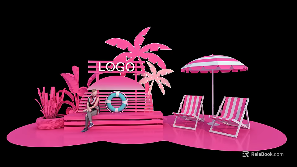 Pink Themed Beach Scene With LOGO Palm Trees Lifebuoy Umbrella And Deck Chairs 3d model 