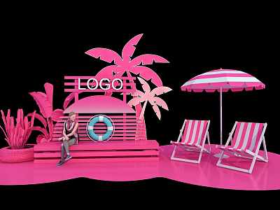 Pink Themed Beach Scene With LOGO Palm Trees Lifebuoy Umbrella And Deck Chairs 3d model