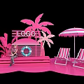 Pink Themed Beach Scene With LOGO Palm Trees Lifebuoy Umbrella And Deck Chairs
