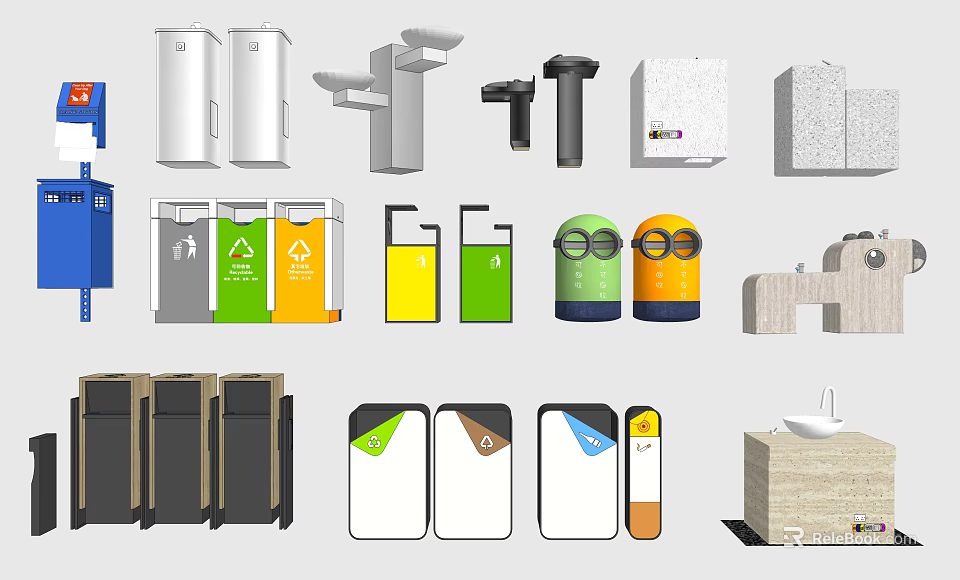 Public Facilities Featuring Recycling Bins Water Dispensers Sinks And Lockers 3d model 