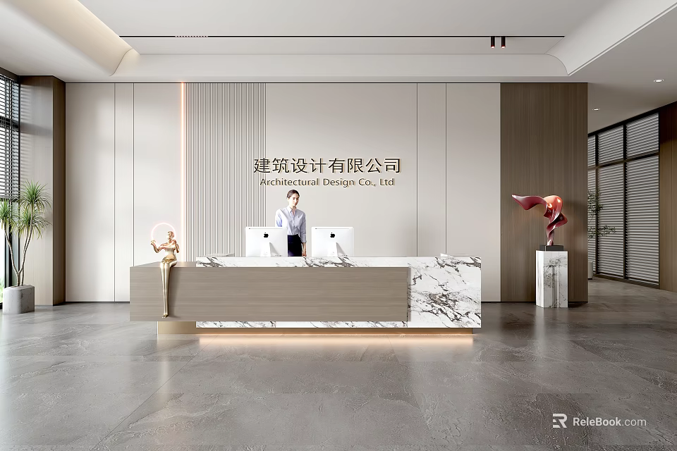 Modern Architectural Design Company Reception Area With Marble Desk And Sculpture Decoration 3d model 