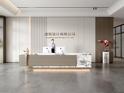 Modern Architectural Design Company Reception Area With Marble Desk And Sculpture Decoration 3d model