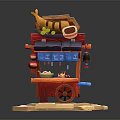 Traditional Japanese Street Food Cart Model With Decorative Fish Sign And Wheels