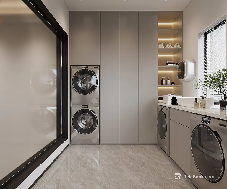 Modern Laundry Room Interior Design With Stacked Washing Machines Dryers Cabinets And Shelves 3d model 