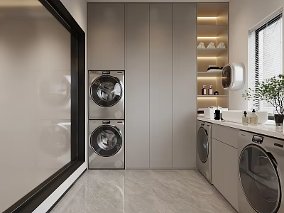 Modern Laundry Room Interior Design With Stacked Washing Machines Dryers Cabinets And Shelves 3d model