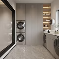Modern Laundry Room Interior Design With Stacked Washing Machines Dryers Cabinets And Shelves